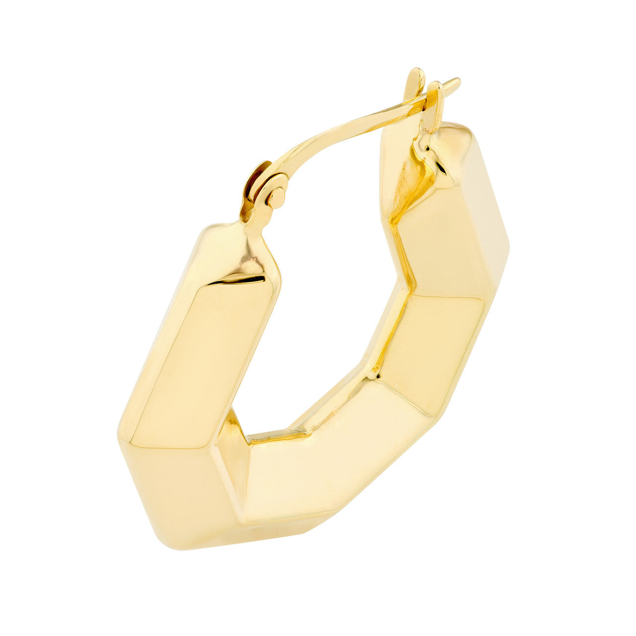 14K Yellow Golden 3D Hoops Earrings Hexagon Shape