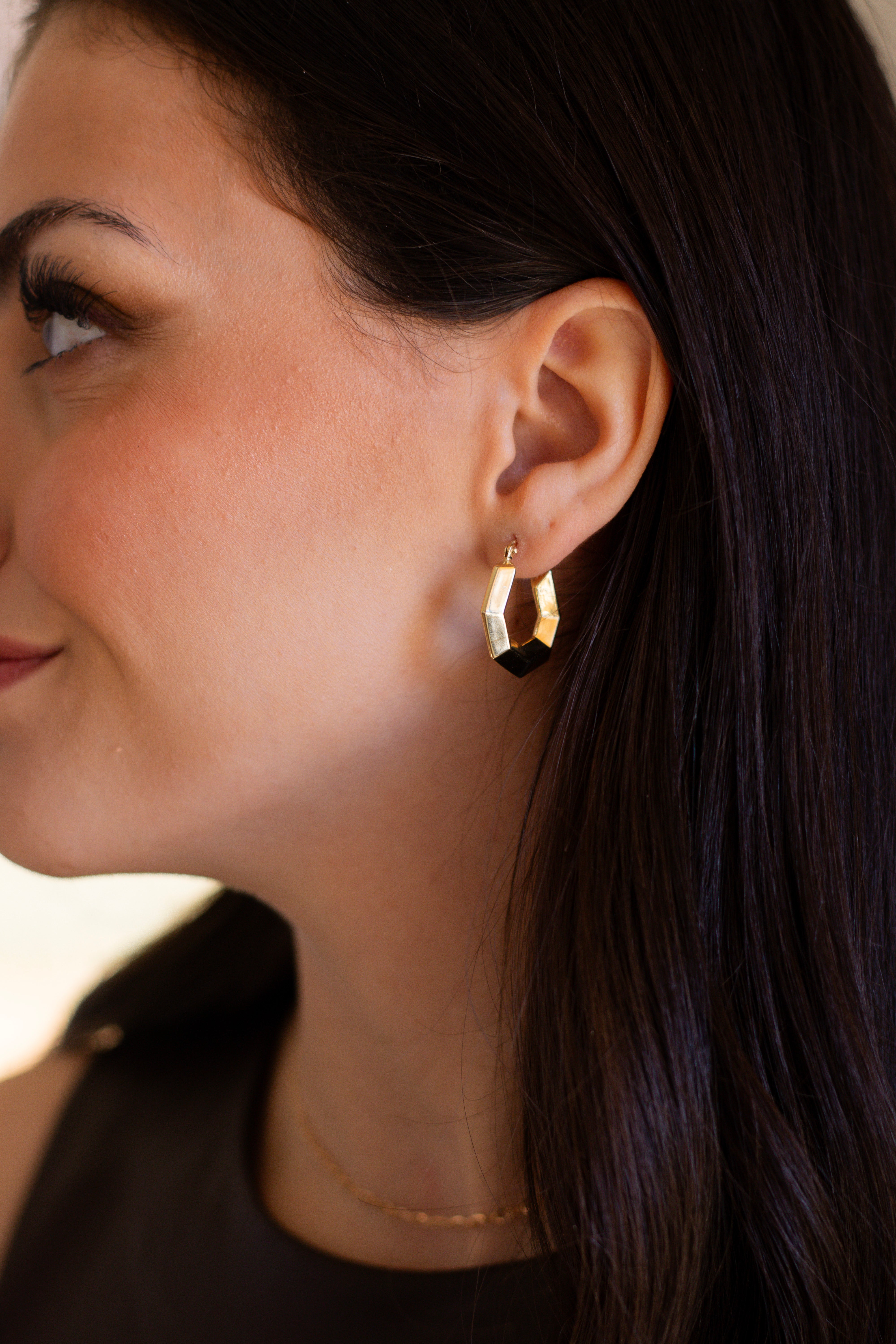 a black dress lady wear 14K Yellow Gold 3D Hoops Earrings Hexagon Shape