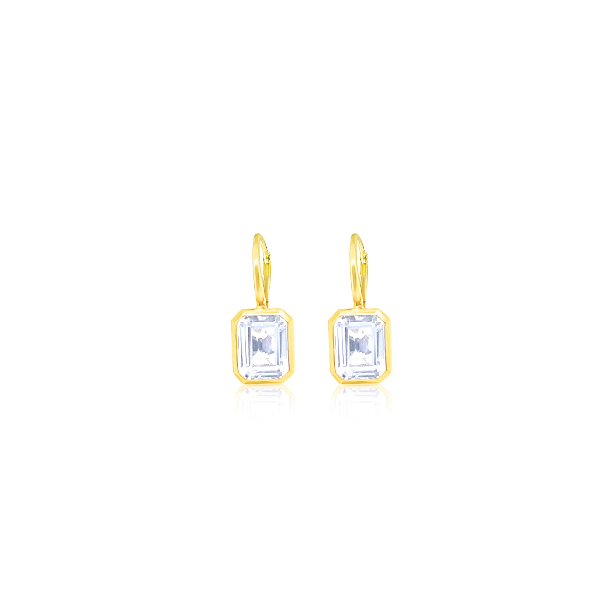 14kt Yellow Gold White Topaz Emerald Cut Lever Back Diamond Earrings Bezel Set