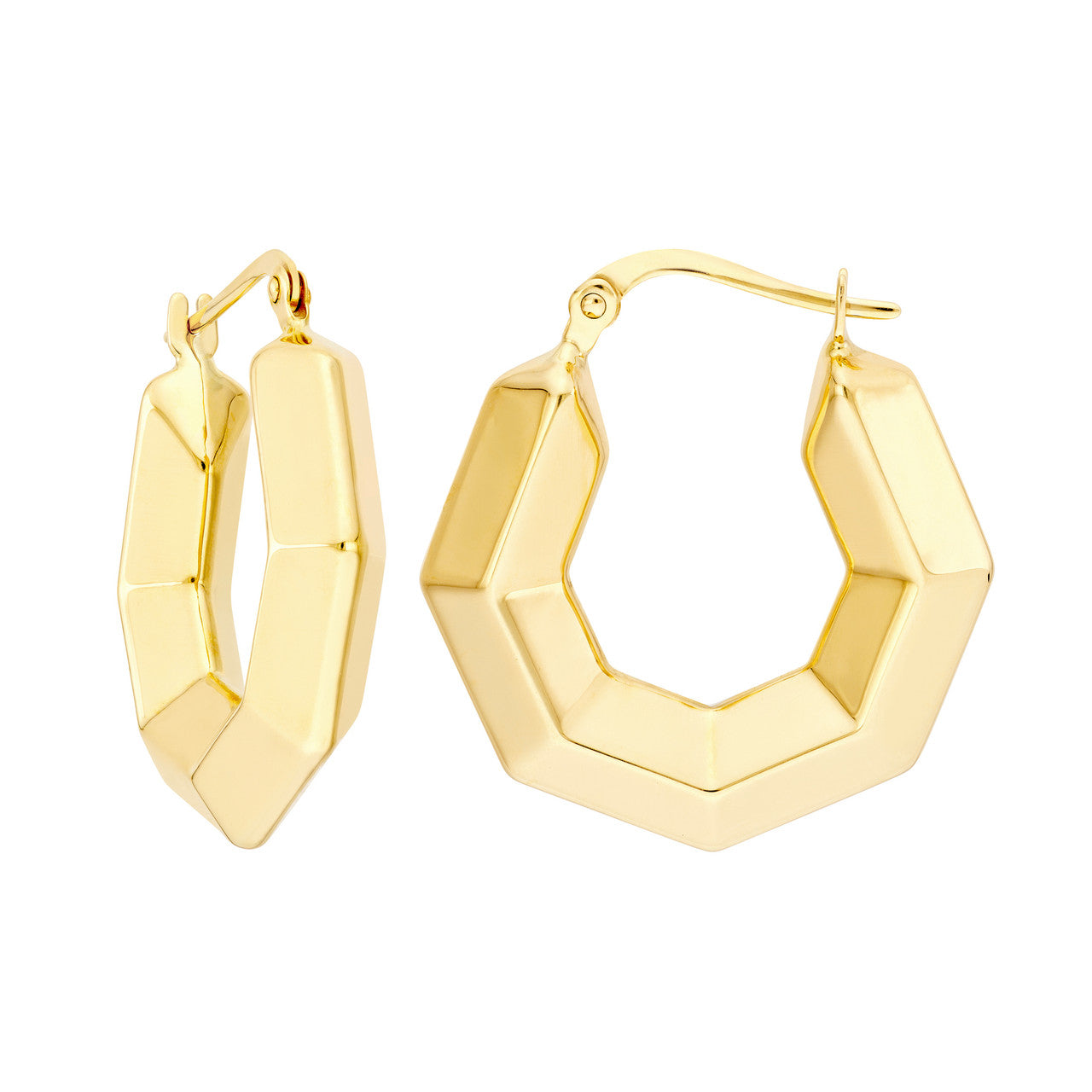 14K Yellow Gold 3D Hoops Earrings Hexagon Shape