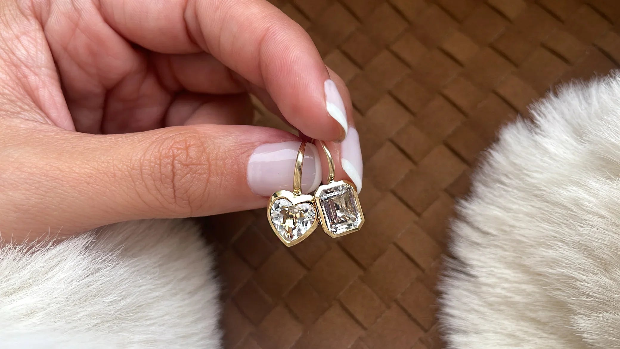 14kt Yellow Gold White Topaz Emerald Cut Lever Back Diamond Earrings Bezel Set